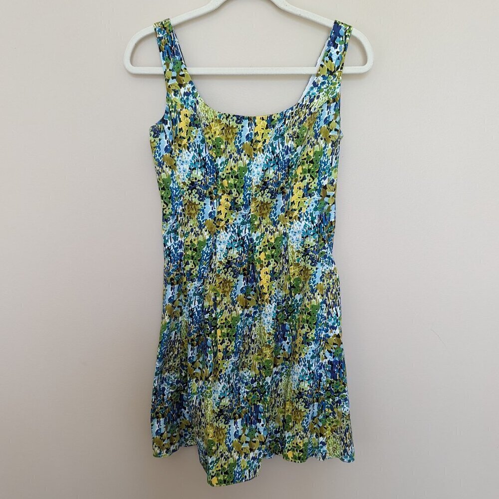 Nine West blue and green yellow mini skater dress with pockets 4 Petite EUC